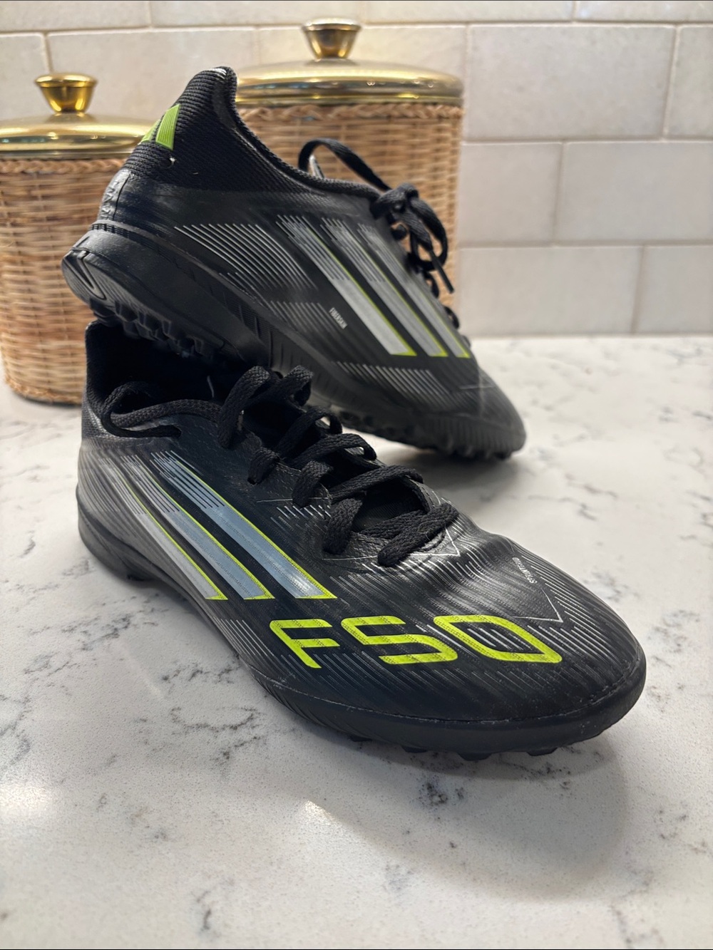 adidas Black Youth Soccer Sneakers with Neon Yellow Accents